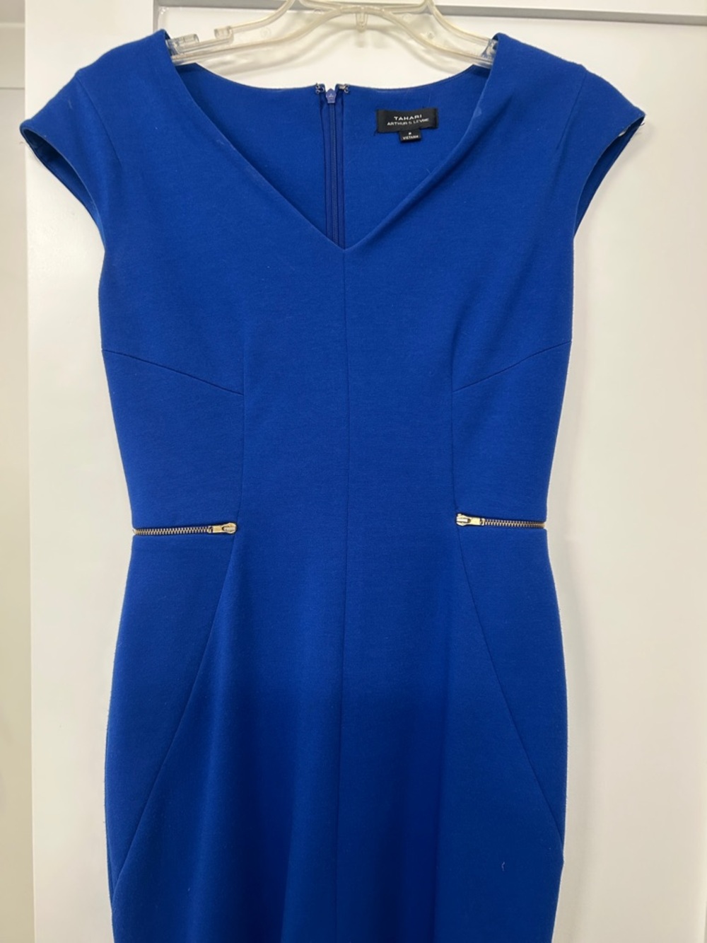 Tahari ASL Cobalt V-Neck Midi Sheath Dress with Gold Zipper Accents